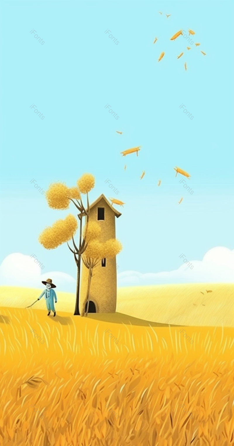 稻草人守护稻田竖版芒种插画背景,插画/手绘图,插画/手绘图库,插画/手绘图下载,插画/手绘